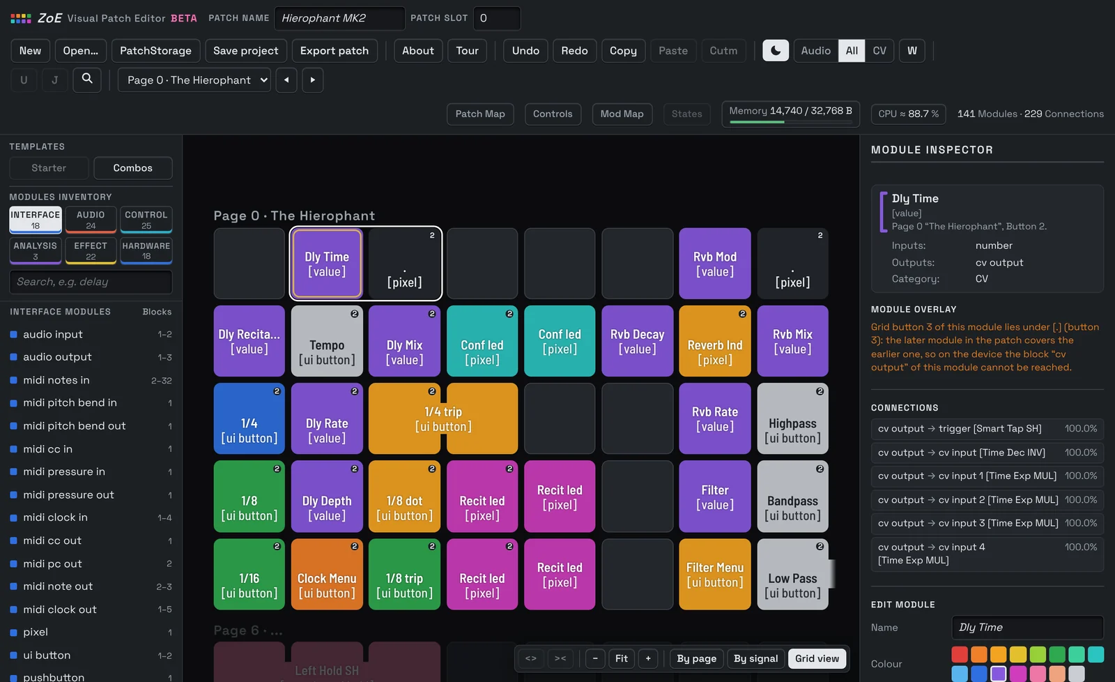 Grid view in page mode: page 0 “The Hierophant” of Hierophant MK2 as 8 by 5 buttons, grid button 2 “Dly Time” selected and its Module Inspector on the right