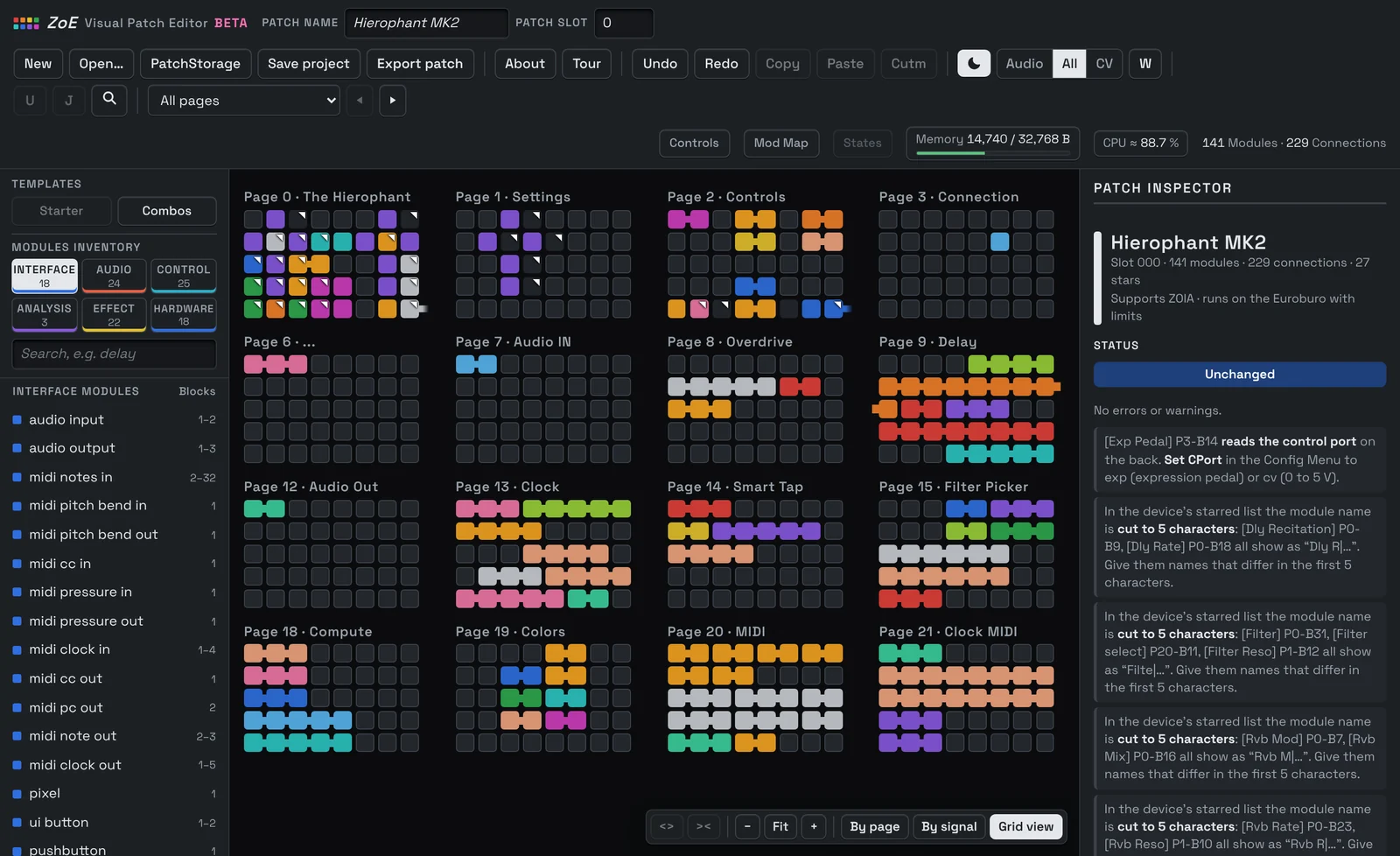 Grid view: every page as an 8 by 5 button grid in the module colours