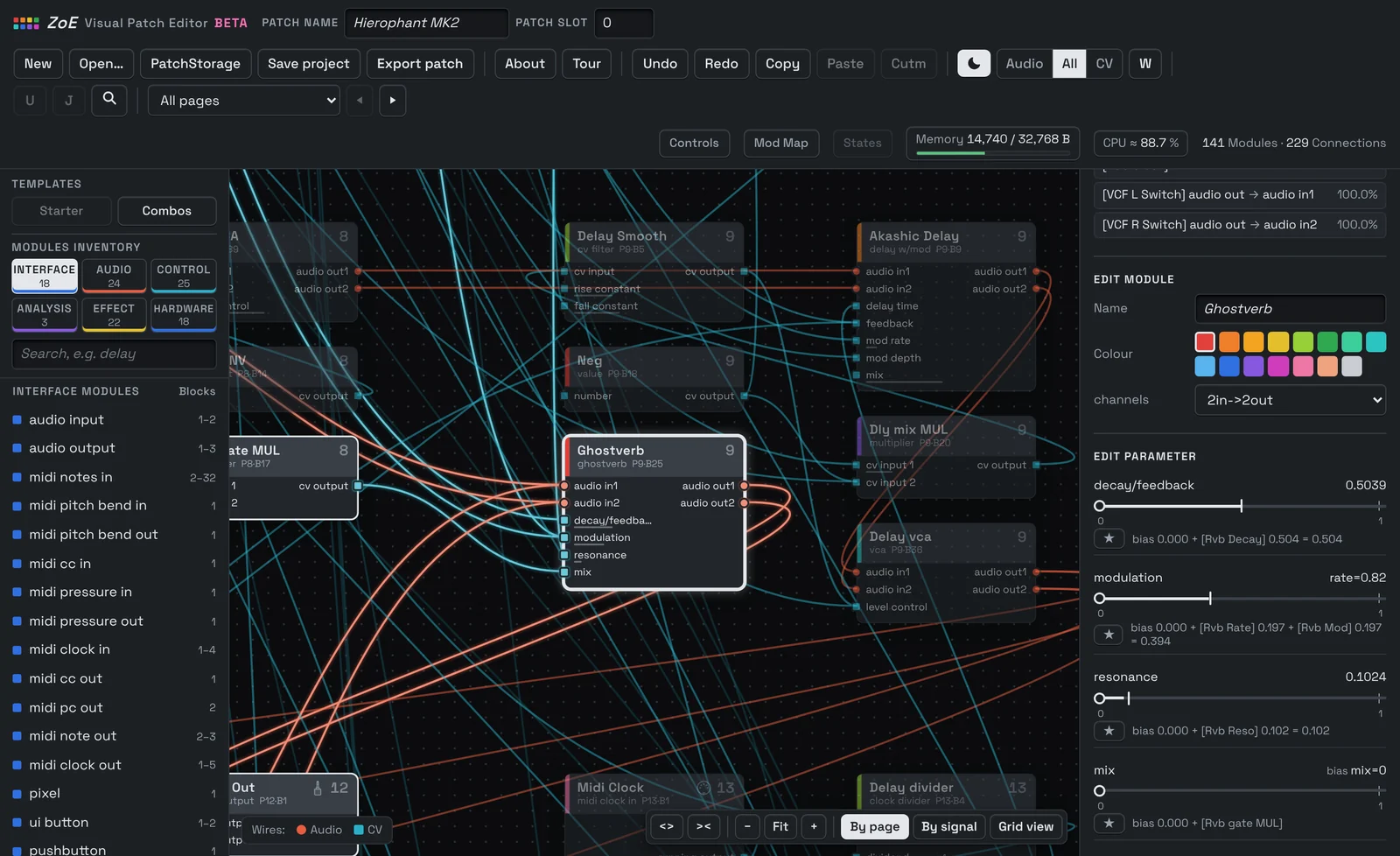 The Ghostverb selected in ZoE: its connections on the canvas and the Module Inspector with its options and parameters