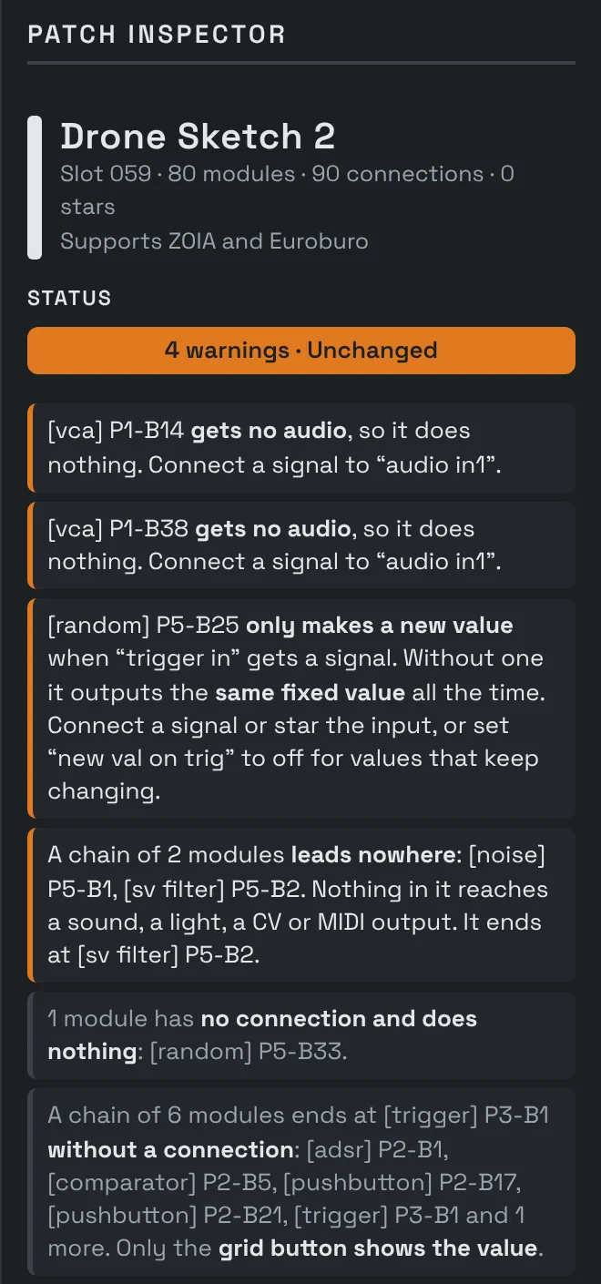 The Patch Inspector with four warnings: two VCAs that get no audio, a random module without a trigger, a chain that leads nowhere, and two notes