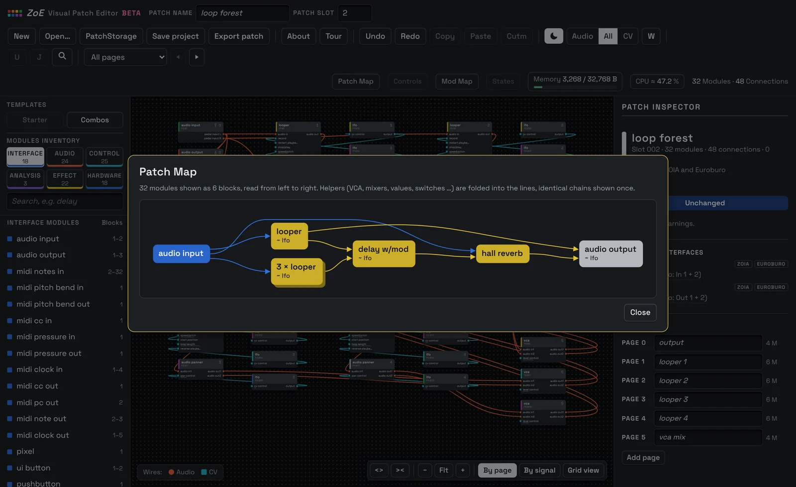 The Patch Map of Loop Forest by redmeansrecording in front of the By page view: audio input, looper, three loopers, delay with modulation, hall reverb and audio output as six blocks connected left to right, the LFOs as modulation notes in the blocks